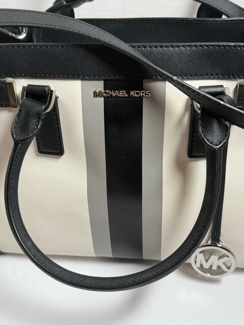Michael Kors Black, White and Gray Striped Saffiano Satchel